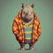 Humorous Cartoon Illustration Of A Rhinoceros In A Striped Shirt