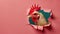 A humorous chicken peers through a ripped hole in a contrast pastel color paper background, Ai Generated