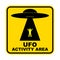 Humorous danger road signs for UFO, aliens abduction theme, vector illustration. Yellow road sign with text Ufo Activity Area.