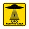 Humorous danger road signs for UFO, aliens abduction theme, vector illustration. Yellow road sign with text Ufo Activity Area.