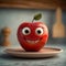 Humorous depiction of a red apple with eyes on a plate