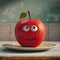 Humorous depiction of a red apple with eyes on a plate