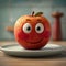 Humorous depiction of a red apple with eyes on a plate