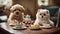 A humorous ensemble of a puppy and puppies, sitting at a miniature dining table set for a tea party,