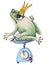 Humorous hand illustration with a frog wearing a crown on the scales cartoon style character dieting