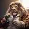 Humorous Lion In Brown Jacket Drinking Coffee: Zbrush Style Illustrative Storytelling