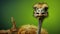 Humorous Ostrich Caricature With Big Eyes On Green Background