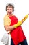 Humorous photo male housewife with a mop