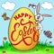 humorous picture on Easter. Rabbit paints an egg with a greeting in a clearing with butterflies