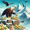 A humorous scene of eagles seated at the top of a snowed mountain, eating green and caesar salads
