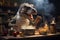 A humorous scene featuring a chef cooking up a storm in a kitchen full of dinosaur-themed ingredients and utensils. Generative AI