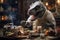 A humorous scene featuring a chef cooking up a storm in a kitchen full of dinosaur-themed ingredients and utensils. Generative AI