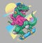 Humorous T rex Dinosaur riding on skateboard. Cool 80â€™s illustration style.