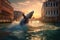 Humpback whale breaching through the canals of Venice, surrounded by colorful Venetian gondolas, vintage buildings, and a warm