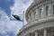 Humpback whale breaching waving flag on Washington DC Capitol detail on cloudy sky