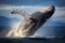 Humpback whale in the Pacific ocean, Alaska, USA, Humpback whale jumps out of the water. Beautiful jump, AI Generated