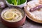 Humus in homemade bowl chapati, vegetable.