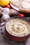 Humus in homemade bowl chapati and vegetable.