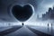 Hundreds Of People Walking Towards A Large Love Heart In The Mist. Generative AI