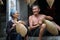 Hung Yen, Vietnam - July 9, 2016: Couple craftsmen making traditional bamboo fish trap at her old house in Thu Sy trade village