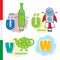 Hungarian alphabet. Bottle, Spacecraft, Maker. Vector letters and characters.