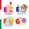 Hungarian alphabet. Bowling, building, ice cream, button. Vector letters and characters.