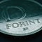 Hungarian coin of 10 forints lies on a dark surface. Money of Hungary. News about economy or banking. Loan and credit. Wages and