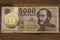 Hungarian forint 5000 forint banknote Count IstvÃ¡n Szechenyi. Brown wooden table.