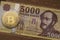 Hungarian forint 5000 forint banknote Count IstvÃ¡n Szechenyi. Brown wooden table.