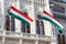 Hungarian national flags on the hungarian parliament building