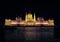 Hungarian Parliament Building with night illumination. Close-up.