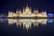 Hungarian Parliament Building at night with reflection in Danube river, Budapest, Hungary