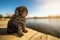 Hungarian Puli dog sitting on dock