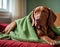 A Hungarian Vizsla reclines in a cozy nest of red and green blankets, eyes full of gentle warmth. Dog at home