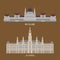 Hungary and Austria travel icons. Country sightseeing symbols, European landmarks. Flat architecture of Budapest and Vienna