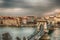 Hungary Budapest March 2018. HDR photo out of European city Budapest the chain bridge dark stormy sky view of Pest