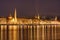 Hungary, Budapest by night - reflections in Danube river