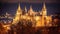 Hungary. Budapest. Parliament view through Fishermans at night Bastion