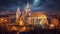 Hungary. Budapest. Parliament view through Fishermans at night Bastion