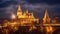 Hungary. Budapest. Parliament view through Fishermans at night Bastion