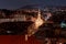 Hungary, evening twilight in Budapest, church against the background of night city lights, cityscape