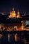 Hungary, evening twilight in Budapest, Ishtan Basilica on the background of night city lights, cityscape