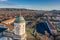 Hungary - Historical Basilica of Esztergom city from drone view near Danube river.