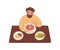Hungry bearded man eating soup sit at table in cafe vector flat illustration. Cartoon male chewing chicken and corn