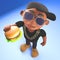 Hungry black hiphop rapper eating a delicious cheese burger snack, 3d illustration
