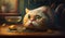 Hungry cat by the table, sadly staring. Cute kitten with the food. Generated AI