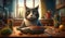 Hungry cat by the table, sadly staring. Cute kitten with the food. Generated AI