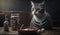 Hungry cat by the table, sadly staring. Cute kitten with the food. Generated AI