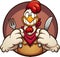 Hungry chicken holding a fork and knife