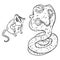 Hungry cobra snake getting ready to eat the mouse. Snake hypnotizing the rat rodent in anticipation of dinner. Cartoon comic style
